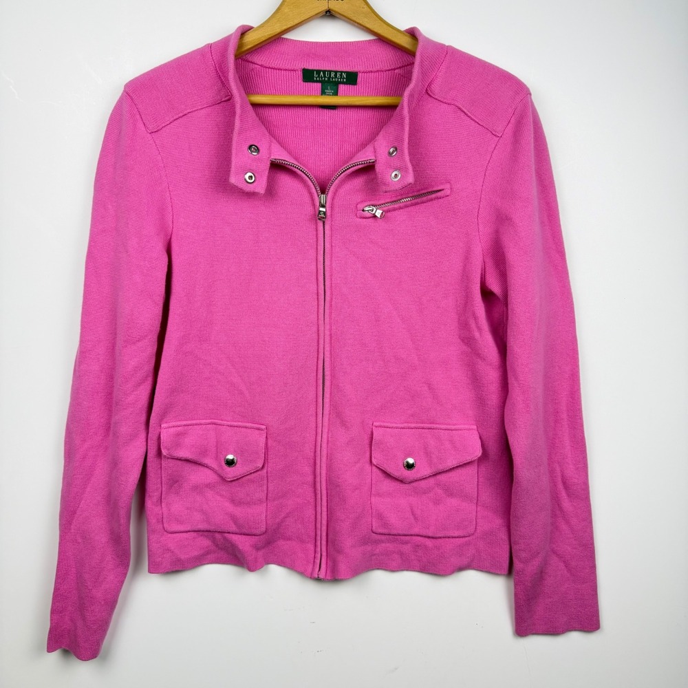 Lauren Ralph Lauren Pink Moto Full Zip Knit Cardigan Sweater Large